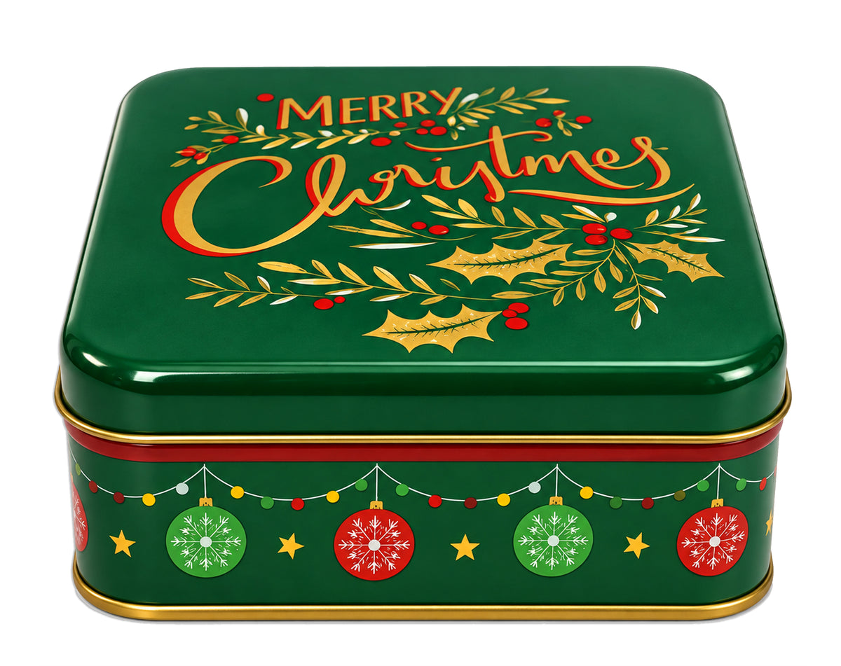 BOÎTE CARRÉE VERTE DE NOËL EN MÉTAL 2 MOTIFS 17X17CM