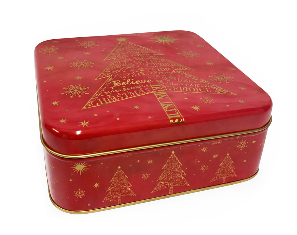 SCATOLA QUADRATA ROSSA NATALIZIA IN LATTA 2 FANTASIE 17X17CM