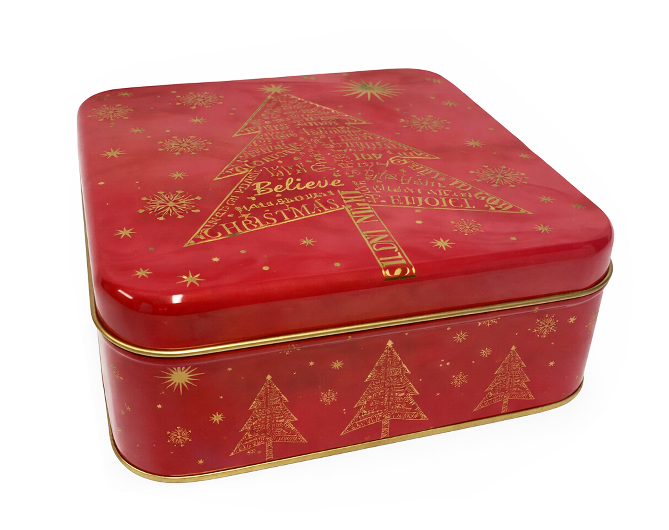 SCATOLA QUADRATA ROSSA NATALIZIA IN LATTA 2 FANTASIE 17X17CM