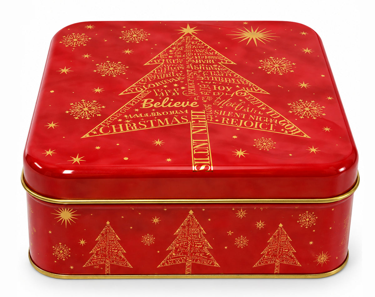 BOÎTE CARRÉE DE NOËL ROUGE EN MÉTAL 2 MOTIFS 17X17CM