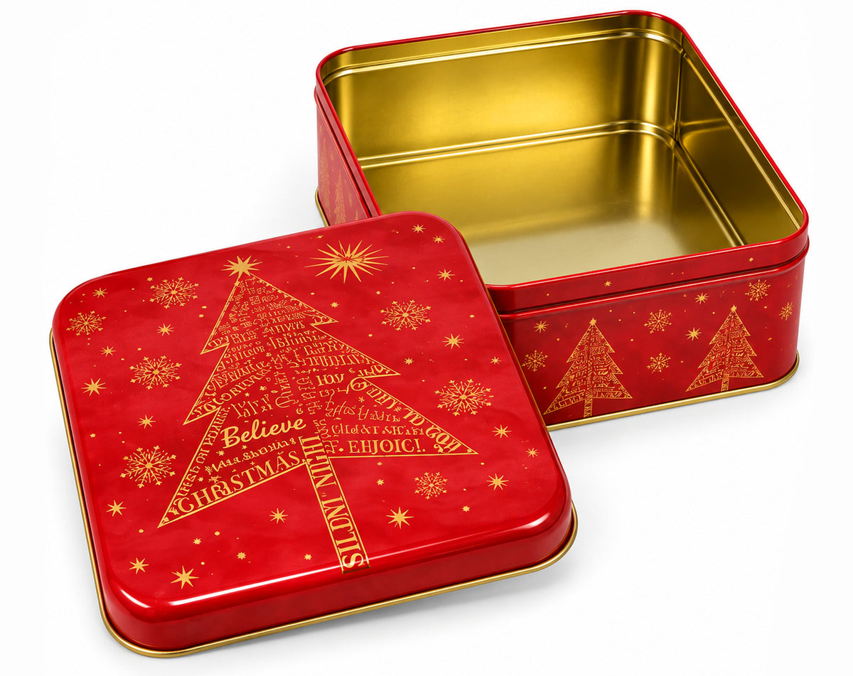 BOÎTE CARRÉE DE NOËL ROUGE EN MÉTAL 2 MOTIFS 17X17CM