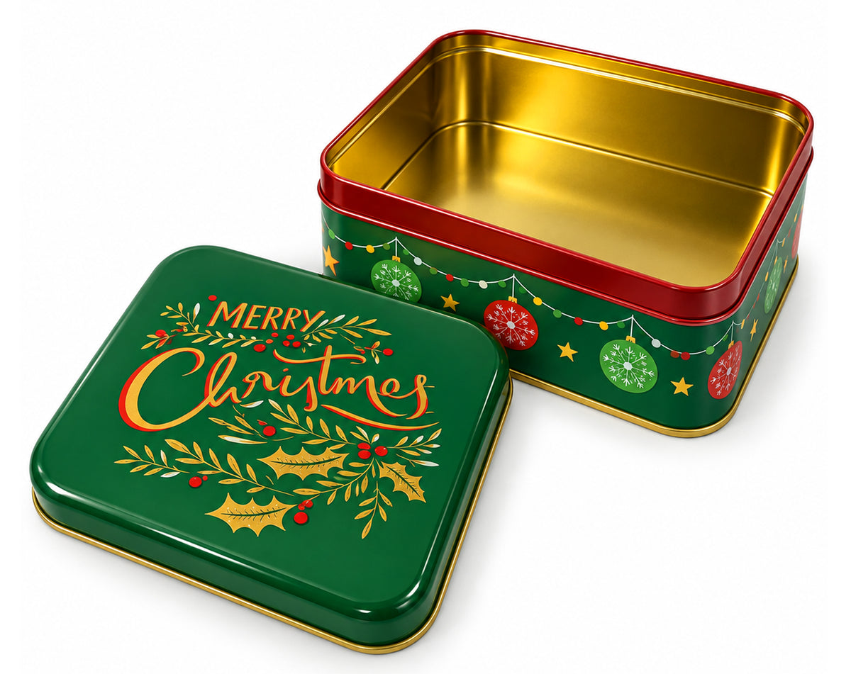 BOÎTE CARRÉE VERTE DE NOËL EN MÉTAL 2 MOTIFS 17X17CM