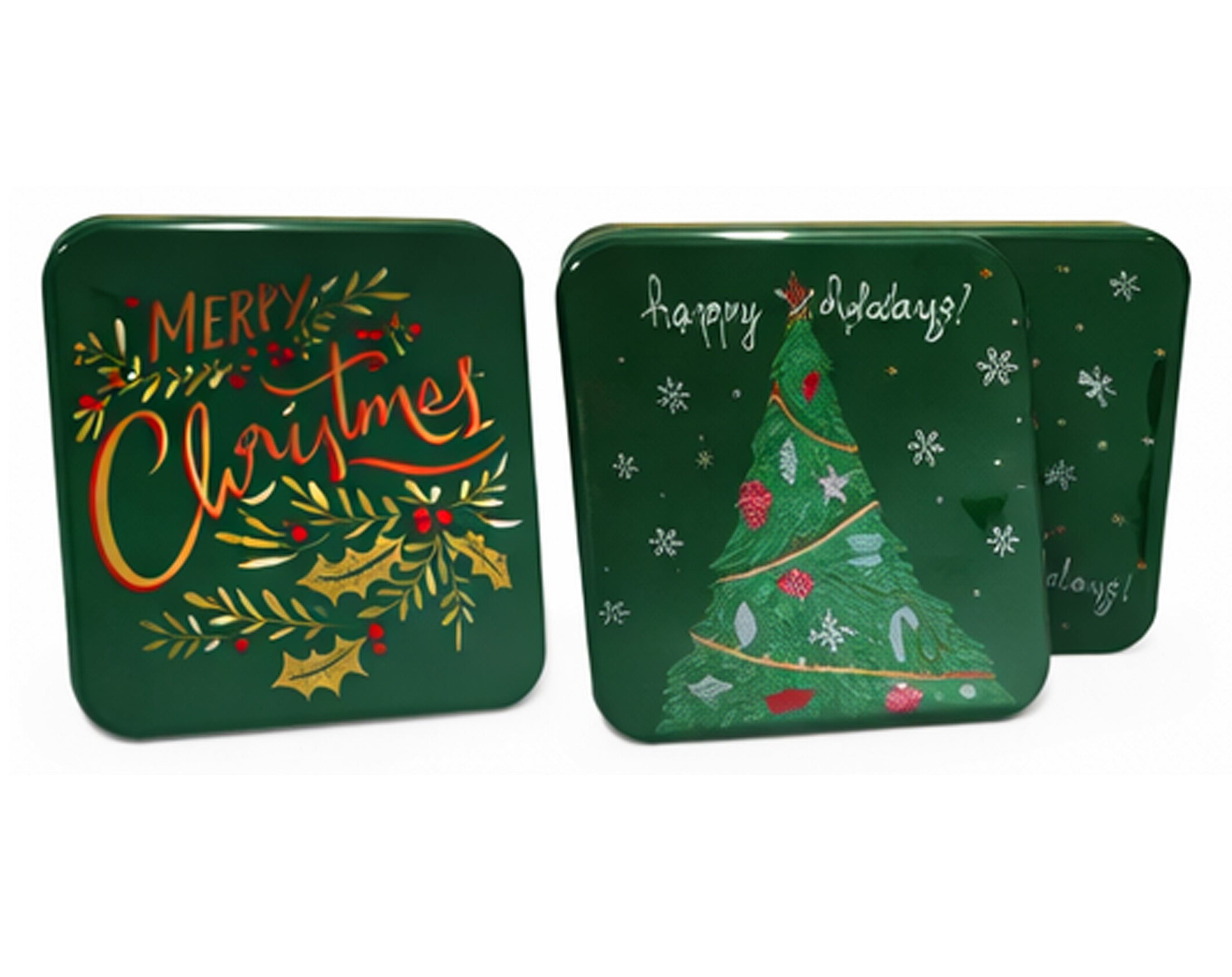 SCATOLA QUADRATA VERDE NATALIZIA IN LATTA 2 FANTASIE 17X17CM