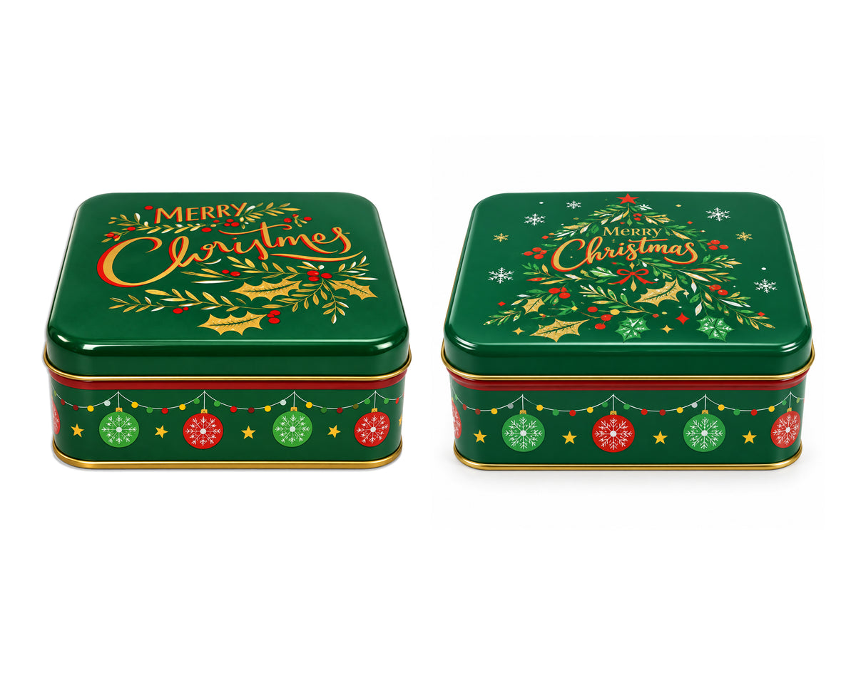 BOÎTE CARRÉE VERTE DE NOËL EN MÉTAL 2 MOTIFS 17X17CM