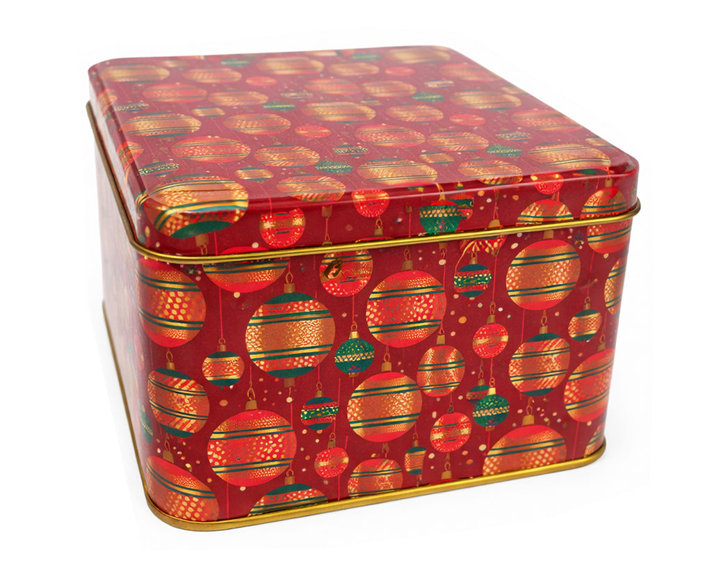 CAJA DE LATA NAVIDEÑA CUADRADA ROJA CON 2 DISEÑOS, 13x13M