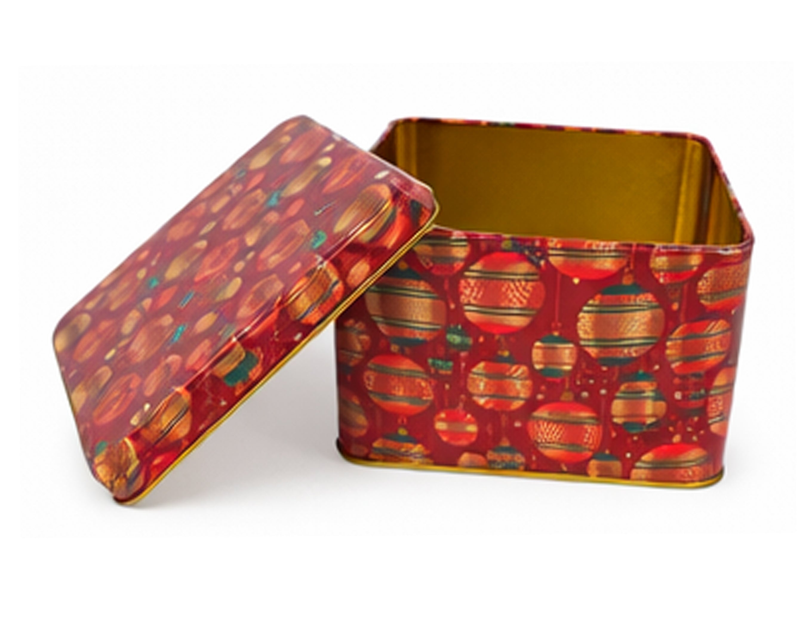 CAJA DE LATA NAVIDEÑA CUADRADA ROJA CON 2 DISEÑOS, 13x13M