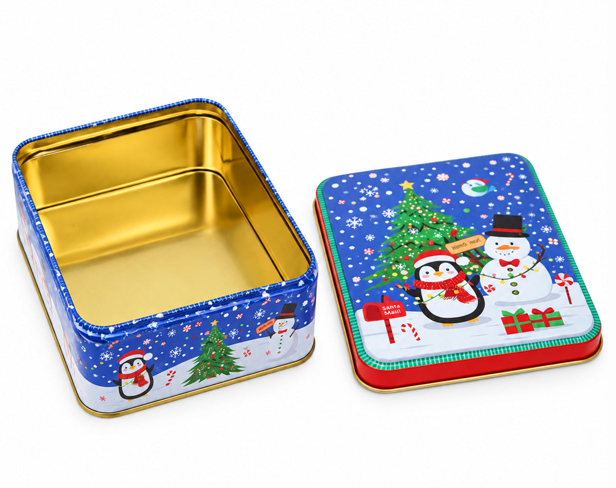 BOÎTE RECTANGULAIRE BONHOMMES DE NEIGE DE NOËL EN MÉTAL