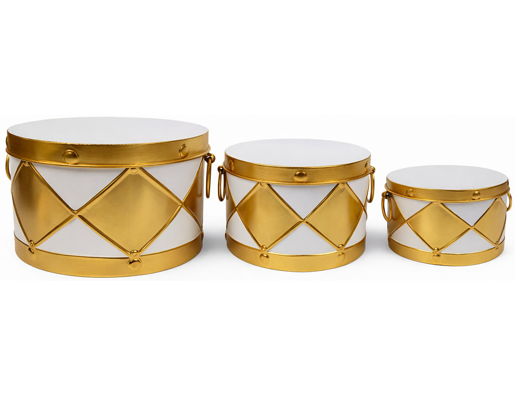 SET 3 SCATOLE A TAMBURO ORO E BIANCO IN LATTA