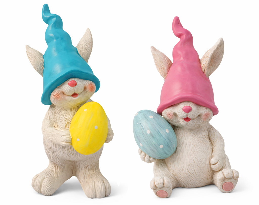 Conejo con gorro de gnomo y huevo de cerámica | Adornos de Pascua