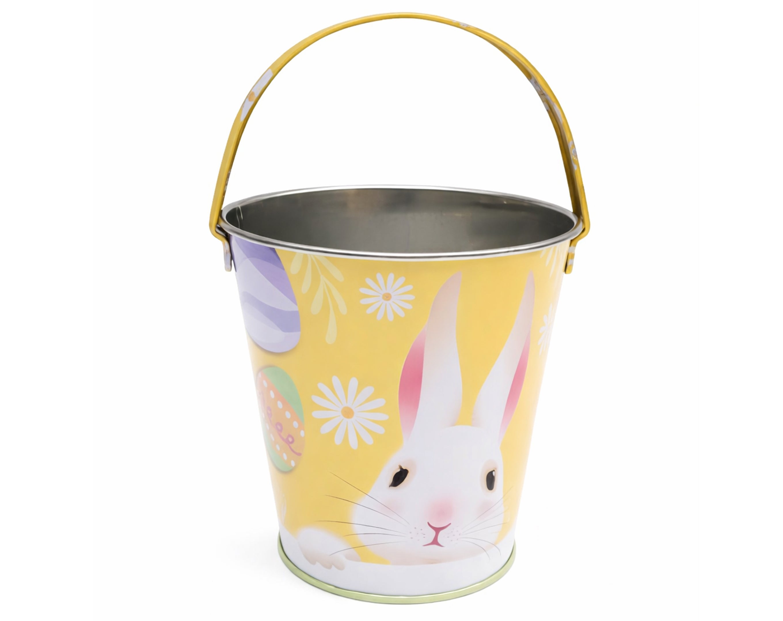 CESTA DE HOJALATA DECORADA CON ASA PARA PASCUA | Envases para dulces de Pascua