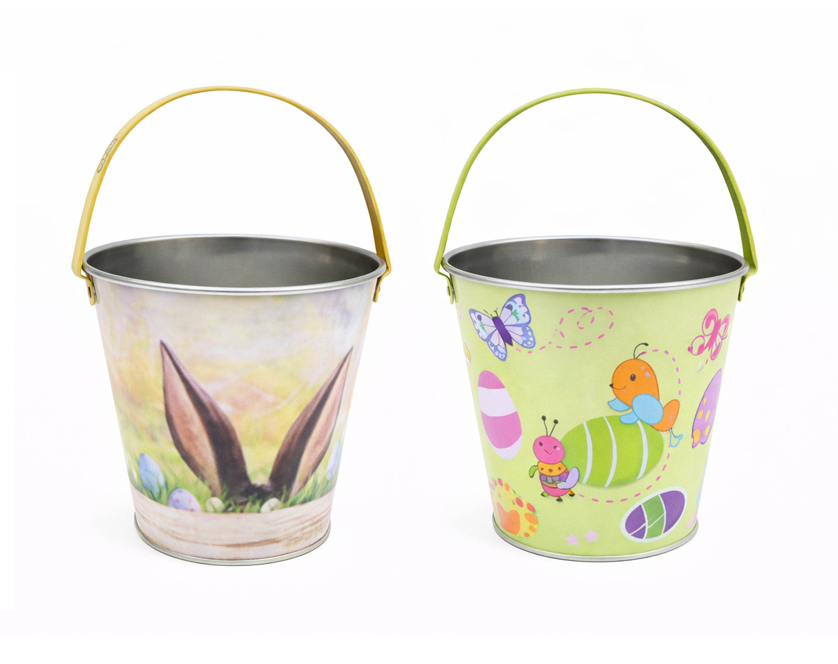 CESTA DE HOJALATA DECORADA CON ASA PARA PASCUA | Envases para dulces de Pascua