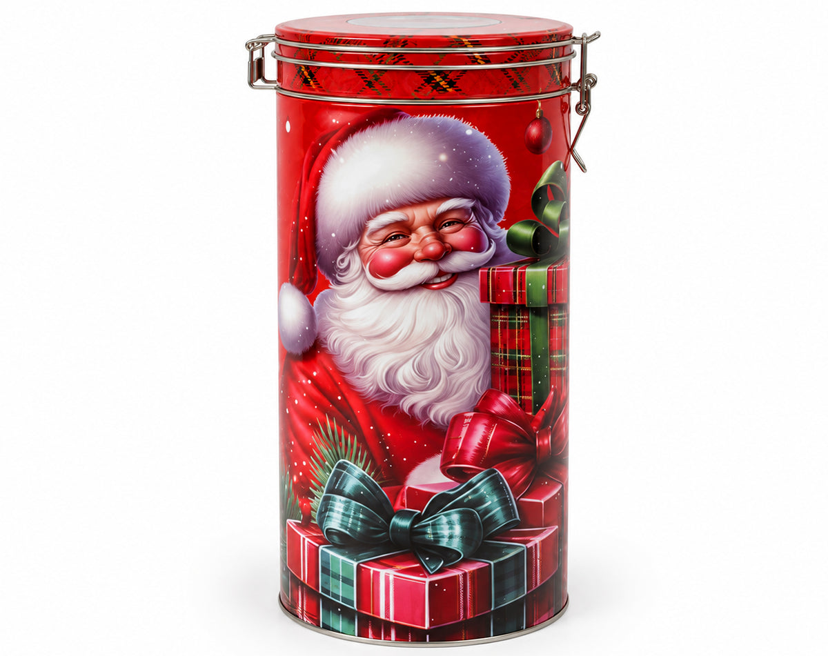 SCATOLA LATTA TONDA DECORO ROSSO CON TAPPO A GANCIO 31X15CM
