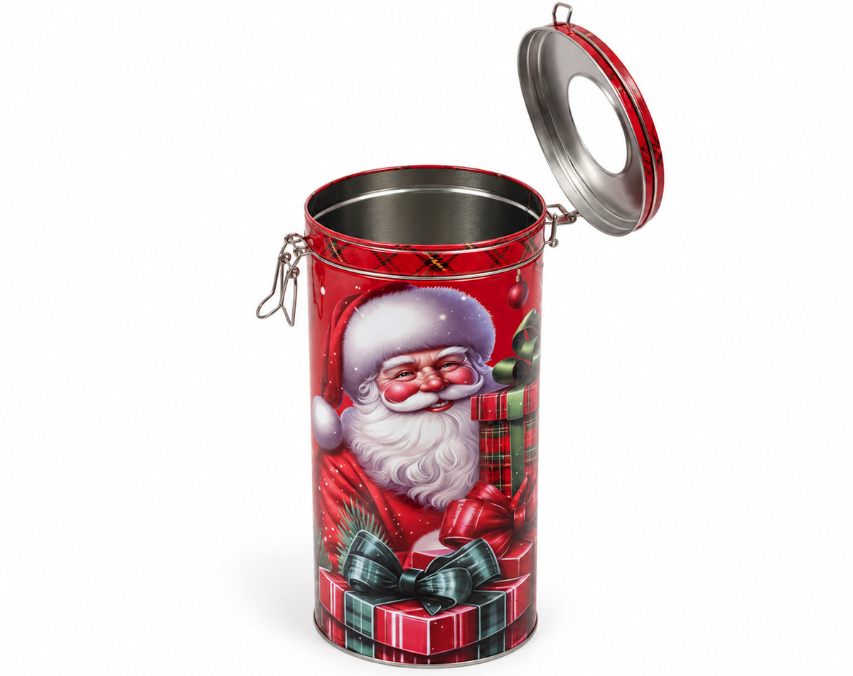 SCATOLA LATTA TONDA DECORO ROSSO CON TAPPO A GANCIO 31X15CM