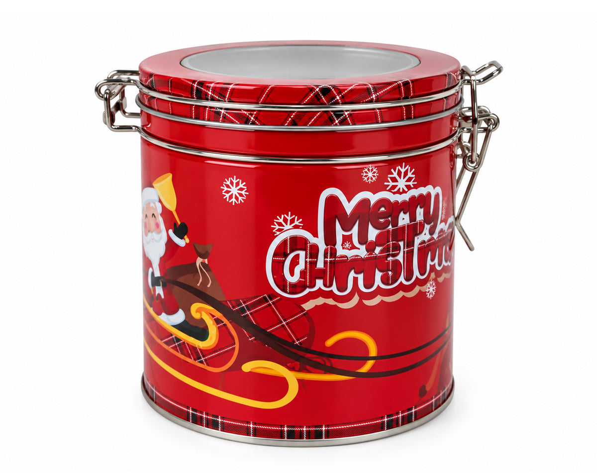 SCATOLA LATTA TONDA DECORO ROSSO CON TAPPO A GANCIO 12X11CM