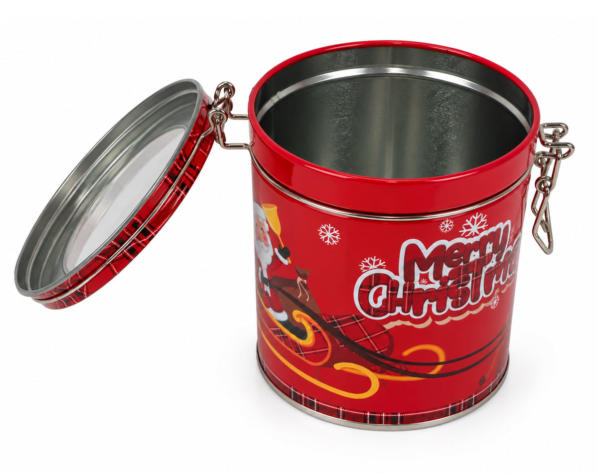 SCATOLA LATTA TONDA DECORO ROSSO CON TAPPO A GANCIO 12X11CM