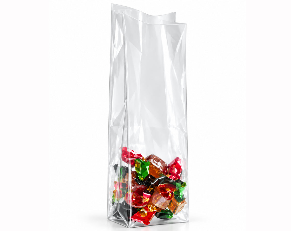 SACHET TRANSPARENT FOND CARRÉ NEUTRE 8+5X28CM APTE AU CONTACT ALIMENTAIRE