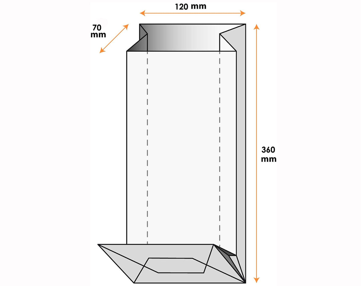 TRANSPARENTER BLOCKBODENBEUTEL AUS PAPIER 12+7X36CM LEBENSMITTELECHT